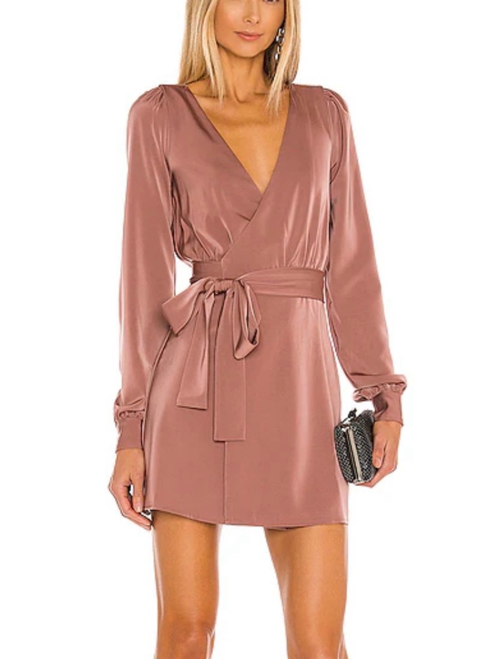 NBD Janet Rose Mauve Wrap Mini Dress Long Sleeve Satin Party Cocktail Medium